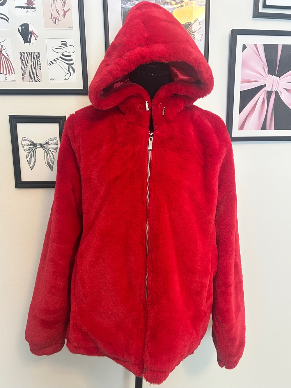Red Faux Fur Hooded Jacket - Women's Plush Coat